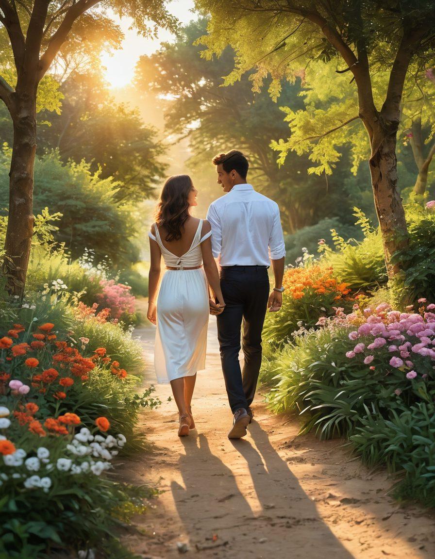 A romantic scene depicting a couple walking hand in hand on a sunlit path, surrounded by blooming flowers and lush greenery. The couple is enjoying each other's company, sharing laughter, with soft glances that suggest a deep connection. In the background, a sunset casts a warm golden glow, symbolizing the journey from flirtation to lasting love. super-realistic. vibrant colors. warm tones.