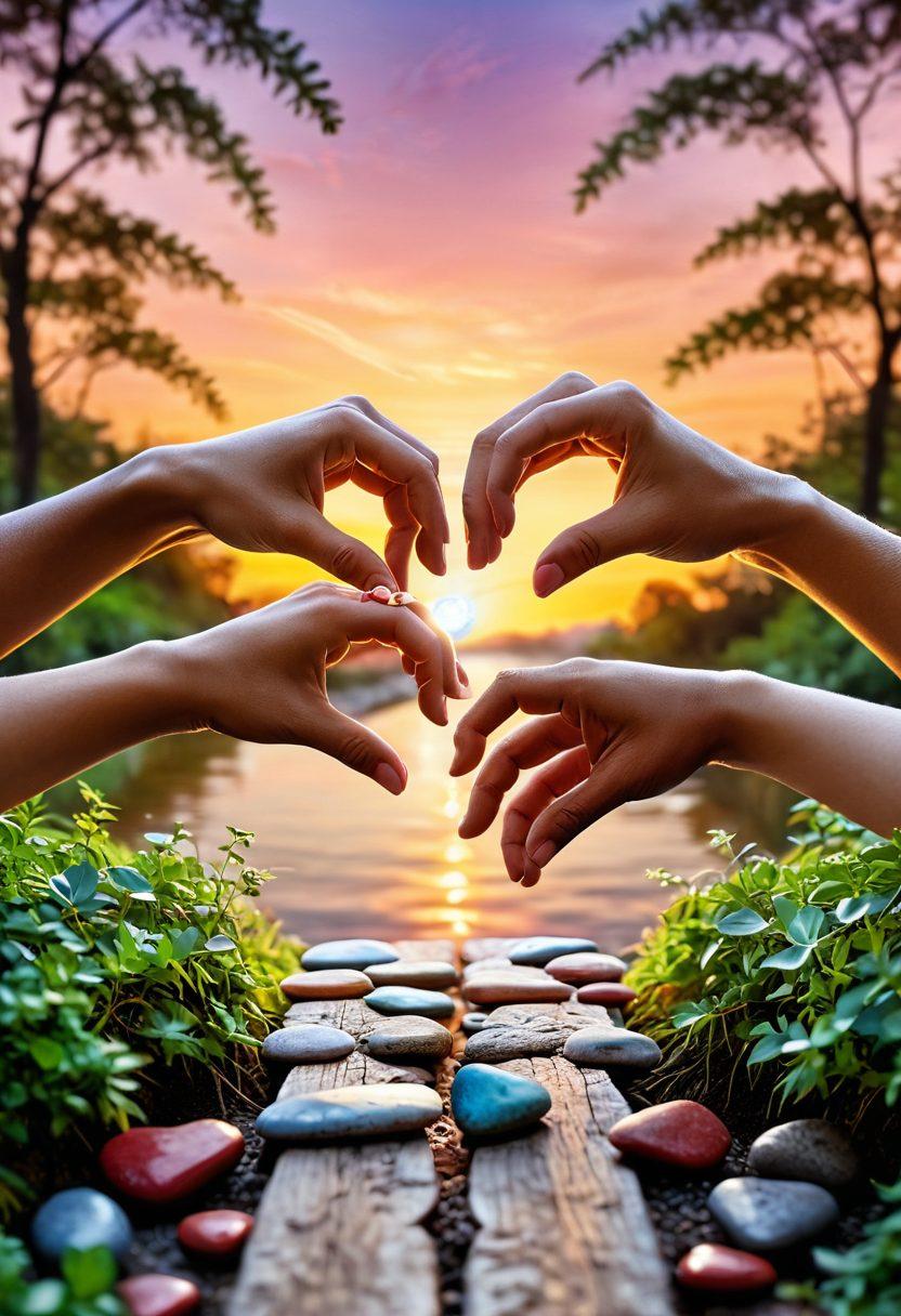A pair of hands gently building a bridge made of colorful heart-shaped stones, symbolizing emotional connections. In the foreground, a warm, inviting sunset casts a golden hue, representing hope and partnership. Lush greenery flanks the path to the bridge, illustrating growth and nurturing relationships. Ethereal figures fade into the background, signifying the presence of love and trust. super-realistic. vibrant colors. soft focus.
