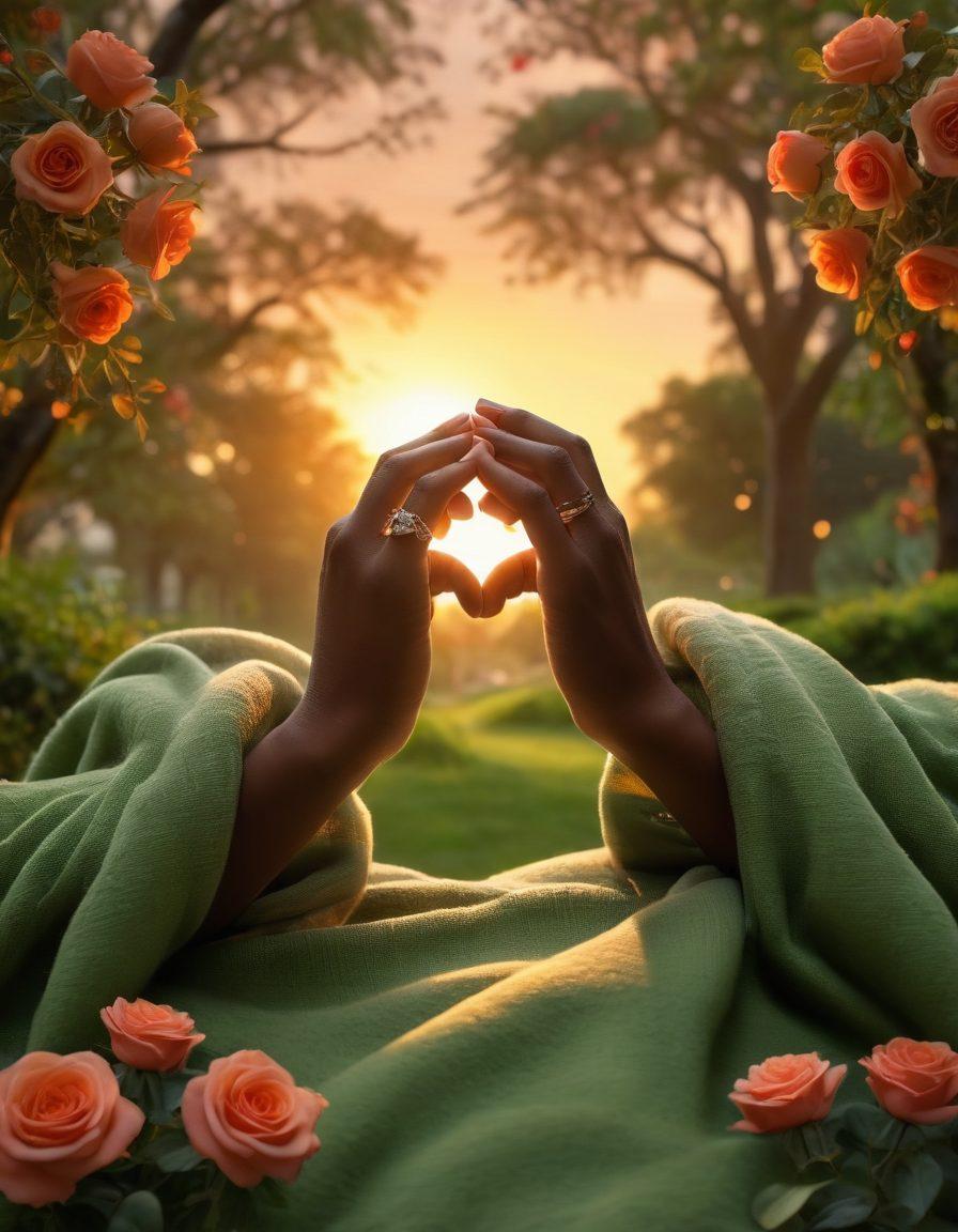 A pair of intertwined hands, each adorned with delicate rings, surrounded by soft, glowing hearts and roses in warm shades. In the background, hints of a sunset create an atmosphere of romance and intimacy. A cozy blanket drapes over a lush green park setting, suggesting a peaceful and nurturing environment. A silhouette of a couple sharing a tender moment can be seen under a tree. super-realistic. vibrant colors. warm tones.